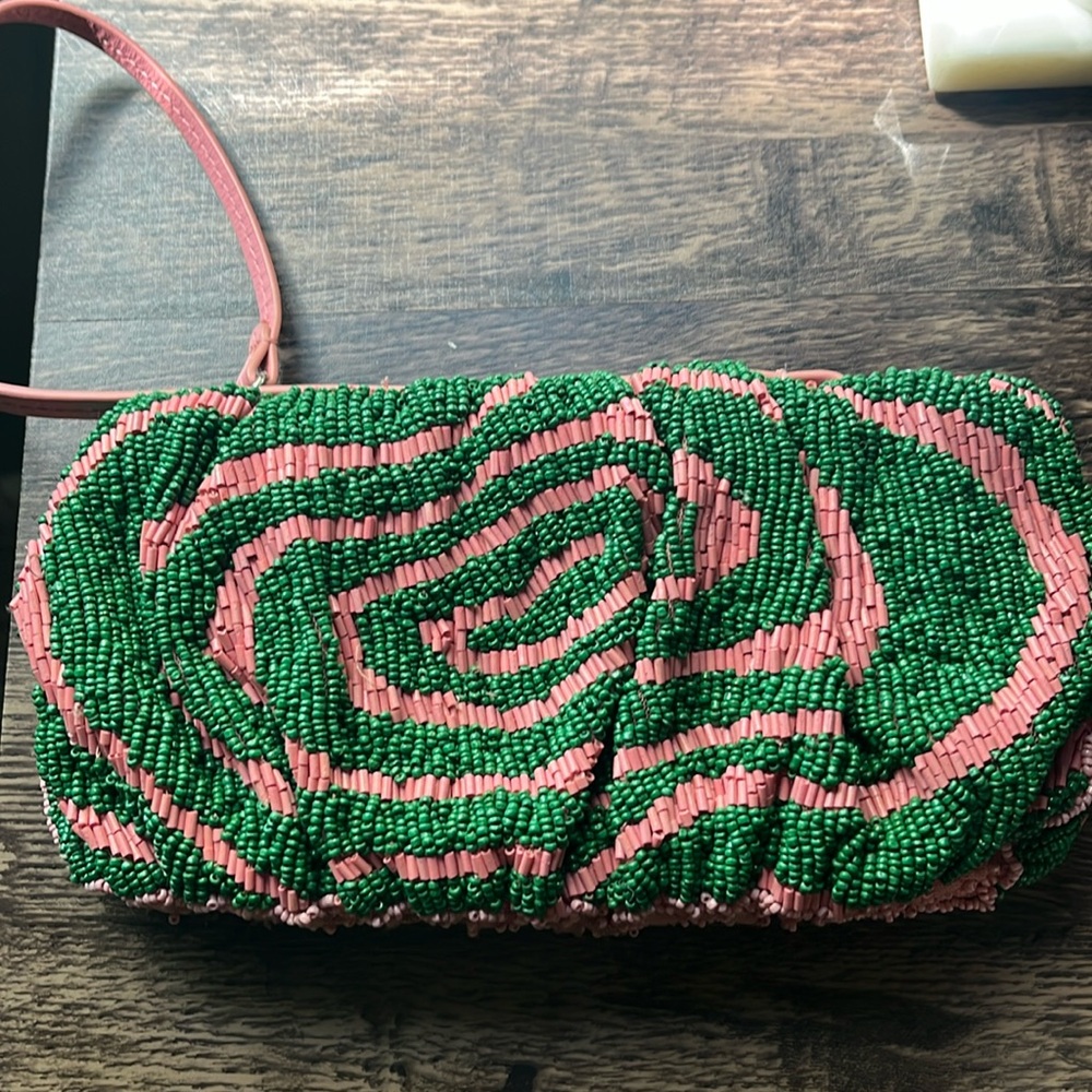 Staud Beaded Bean Emerald Quartz Acid Swirl Clutch Mini Bag